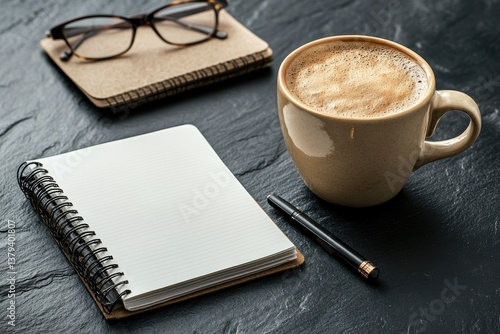 Vibrant Color Visual of Coffee Cup Notebook Eyeglasses Pen and Notepad on Blackboard