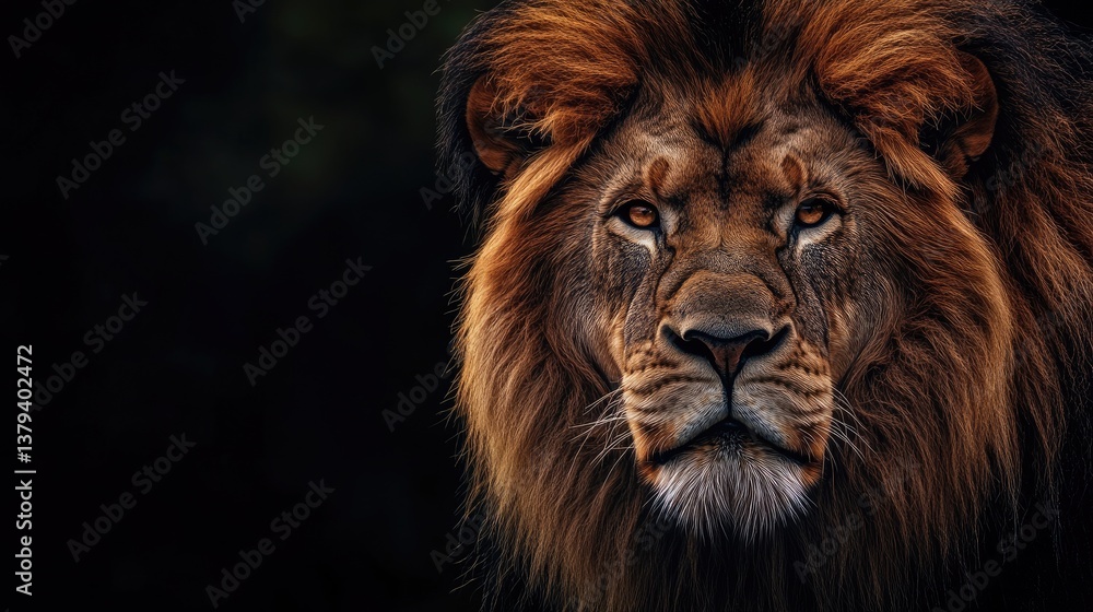 Lion's Majestic Gaze Close Up with Warm Colors and Black Background Lion's Majestic Gaze Close Up with Warm Colors and Black Background