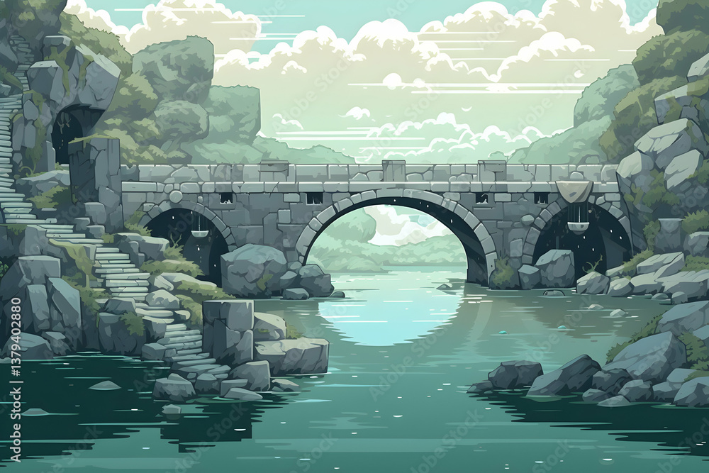 Pixel Art Stone Bridge Over Calm River Under Cloudy Sky Landscape with Old Architecture and Steps on the Side