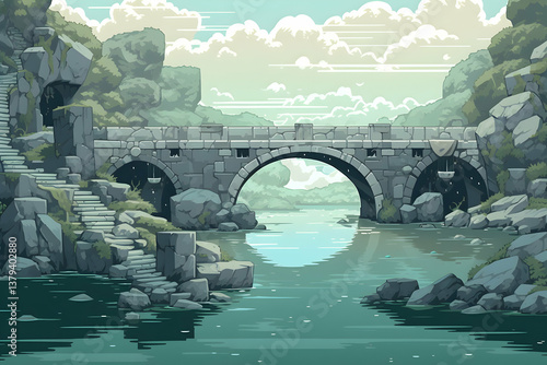 Obraz na płótnie Pixel Art Stone Bridge Over Calm River Under Cloudy Sky Landscape with Old Architecture and Steps on the Side w salonie