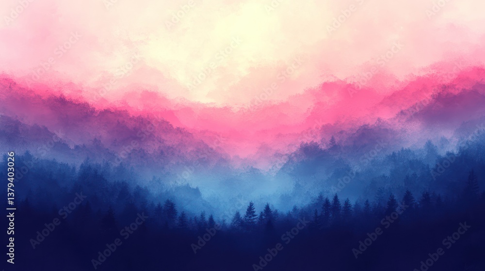 Obraz premium Misty Mountain Majesty: A Dreamlike Landscape in Pink and Blue Hues