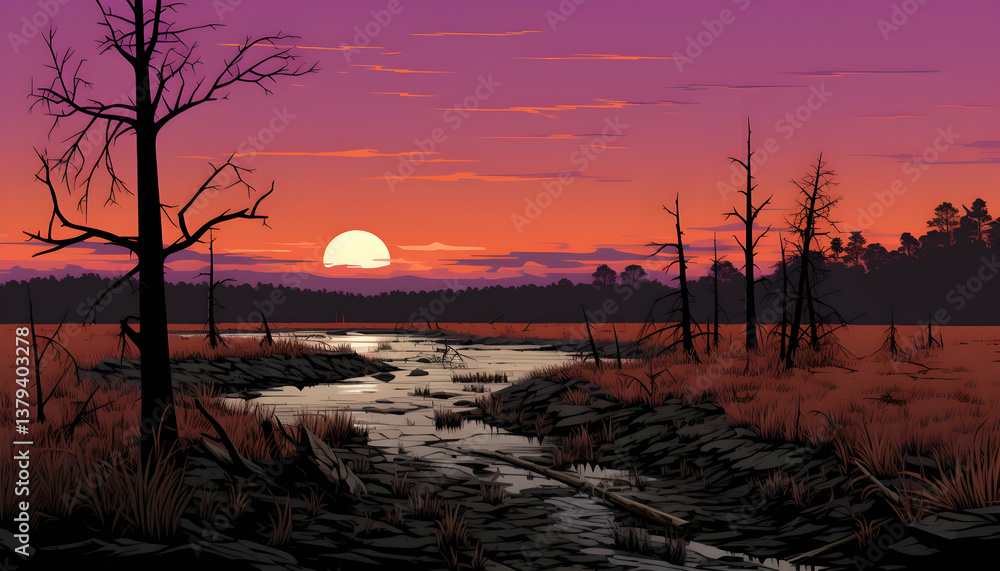 Pixel Art Sunset Landscape with River and Bare Trees Featuring Dark Silhouette Forest on the Horizon in Hues of Orange Purple and Red Sky