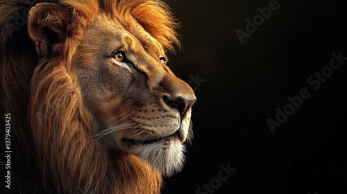 Majestic Lion Profile Gaze Portrait in Shadowy Lighting with Golden Mane
