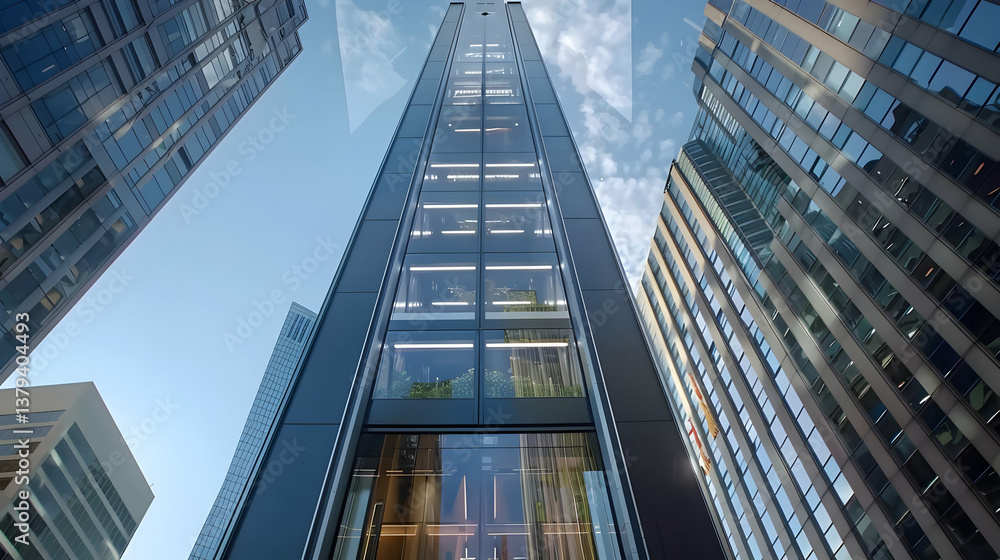Fototapeta premium A modern skyscraper viewed from below, showcasing glass and architectural design.