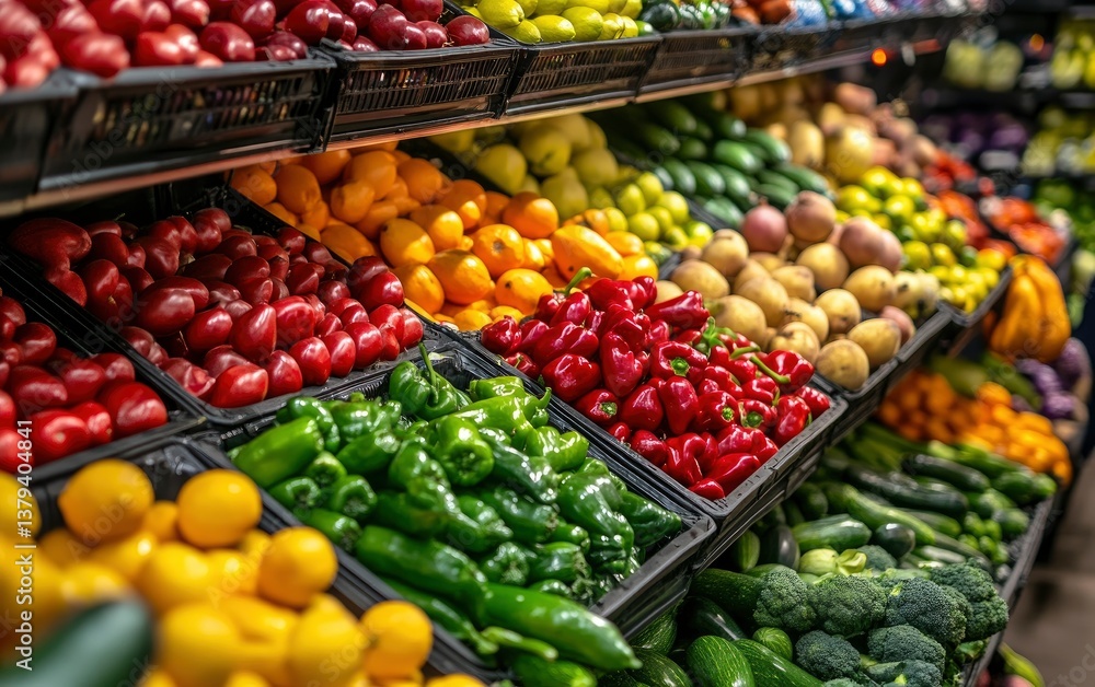 Variety of Fresh Vegetables and Fruits Displayed on Grocery Store Shelves Variety of Fresh Vegetables and Fruits Displayed on Grocery Store Shelves