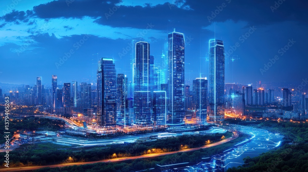 Fototapeta premium Modern Cityscape with Digital Overlay