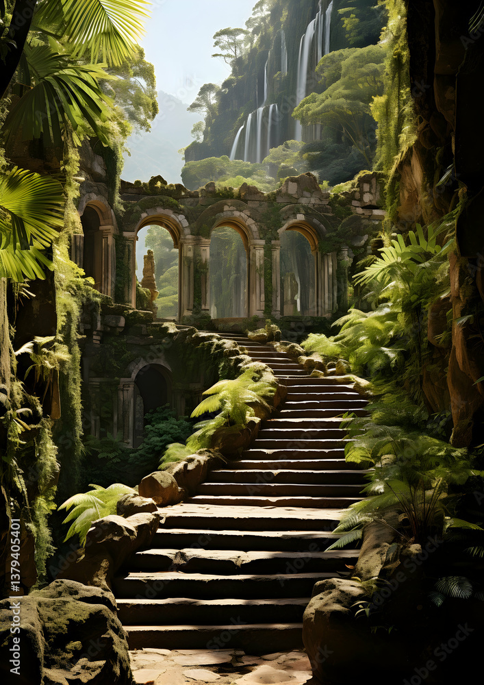 Stone Staircase Leading to Ancient Ruins Surrounded by Lush Green Foliage and Distant Waterfalls Under Bright Sunlight