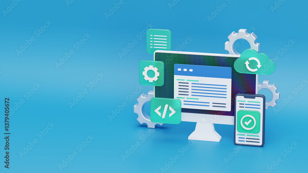 Desktop PC Motinor with smartphone and coding icons. Isometric 3d illustration. IT, coding, programming and app development concept. Cloud computing network Desktop PC Motinor with smartphone and coding icons. Isometric 3d illustration. IT, coding, programming and app development concept. Cloud computing network