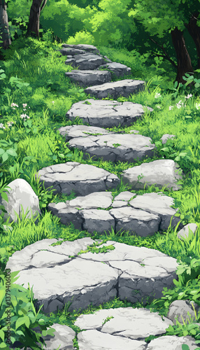 Stone Stairway Through a Green Forest Pixel Art Style Outdoor Landscape With Lush Vegetation and Natural Lighting on Clear Day