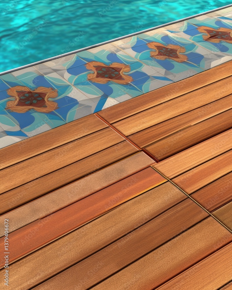 Obraz premium Pool deck with decorative tile border tile pattern