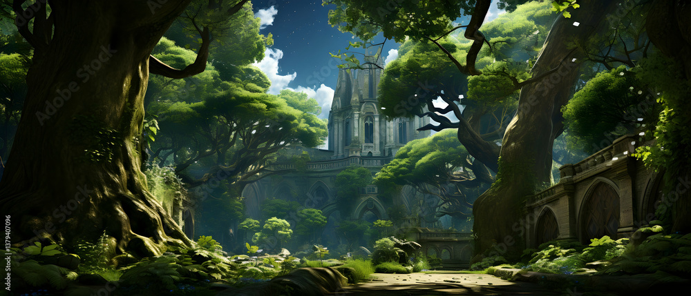 Verdant Forest Scenery Featuring a Stone Building Nestled Among Lush Green Trees Under a Blue Sky Creating a Tranquil Natural Architectural Landscape