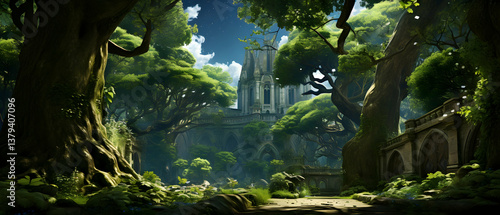Obraz na płótnie Verdant Forest Scenery Featuring a Stone Building Nestled Among Lush Green Trees Under a Blue Sky Creating a Tranquil Natural Architectural Landscape w salonie