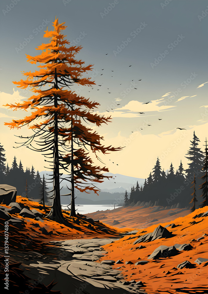 Vibrant Autumnal Pixel Landscape with Orange Trees and Mountainous Backdrop in Muted Tone with Pixel Art Style