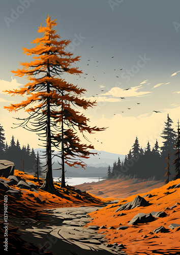 Obraz na płótnie Vibrant Autumnal Pixel Landscape with Orange Trees and Mountainous Backdrop in Muted Tone with Pixel Art Style w salonie