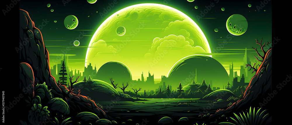 Vibrant Green Pixel Art Landscape with Glowing Moon and Futuristic City Silhouettes Under a Starry Sky Fantasy Scene