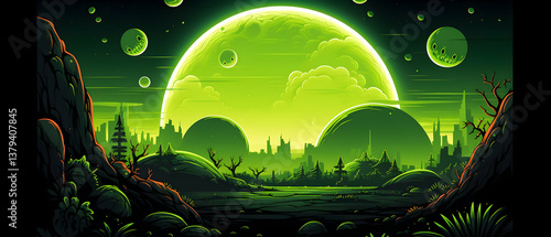 Obraz na płótnie Vibrant Green Pixel Art Landscape with Glowing Moon and Futuristic City Silhouettes Under a Starry Sky Fantasy Scene w salonie