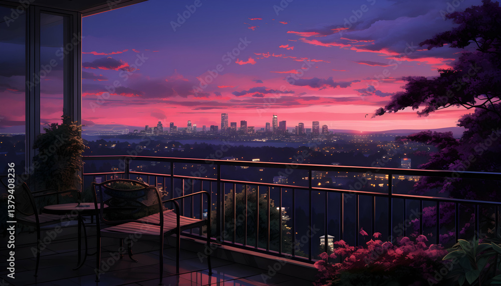Vibrant Pink Sunset Over a Distant Cityscape from Balcony View with Dark Railings and Lush Greenery at Twilight