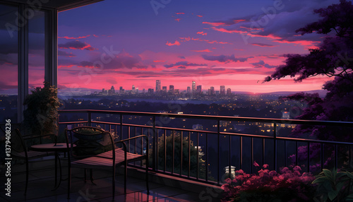 Obraz na płótnie Vibrant Pink Sunset Over a Distant Cityscape from Balcony View with Dark Railings and Lush Greenery at Twilight w salonie