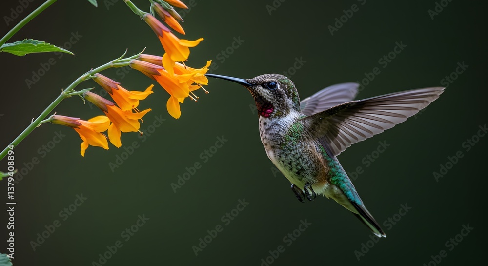 Fototapeta premium Hummingbird feeding on nectar from a vibrant orange flower in flight