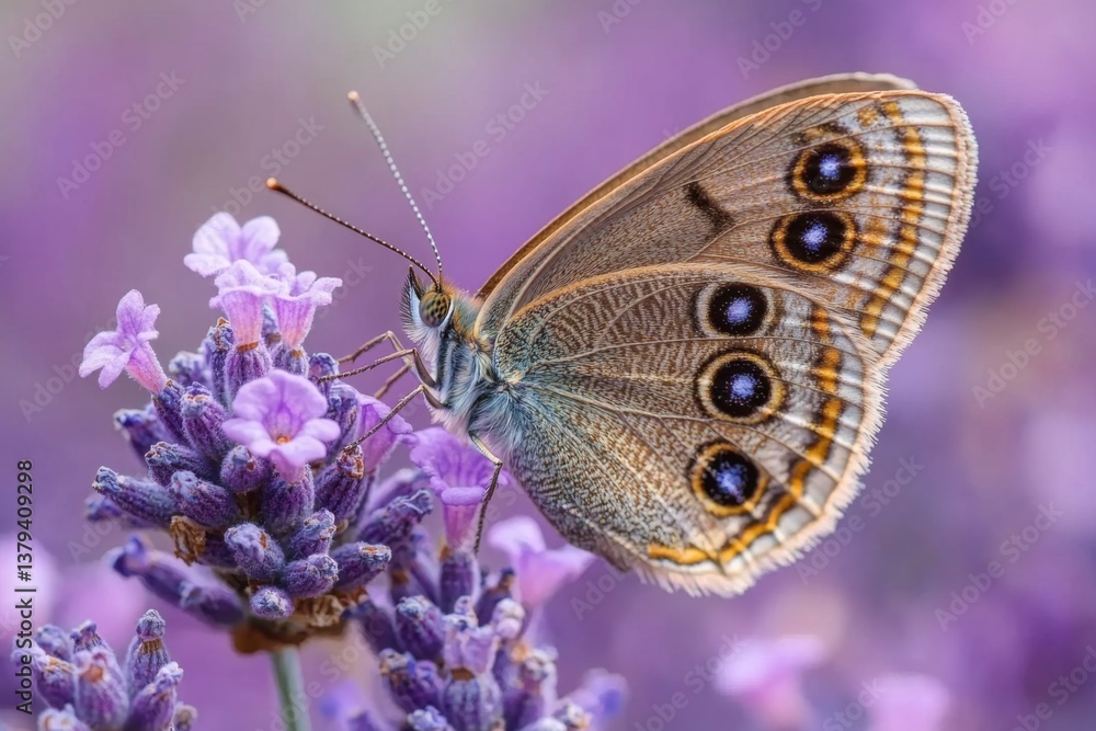 Fototapeta premium Macro image of butterfly on purple flower in nature during summer