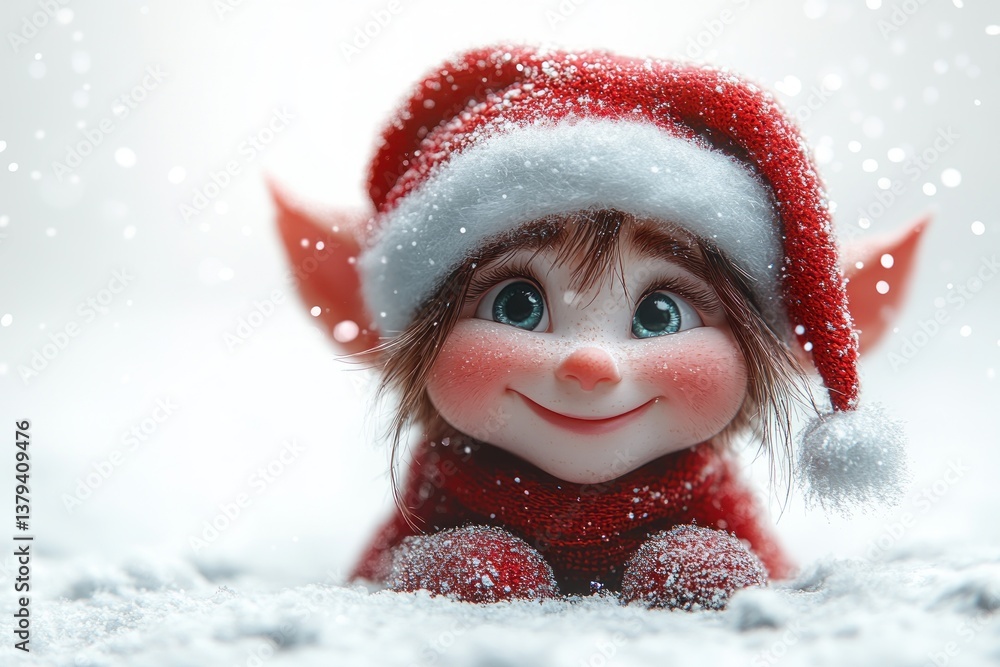 Cheerful Christmas Elf Toy Face Close Up Smiling with Red Santa Hat on White Background Cheerful Christmas Elf Toy Face Close Up Smiling with Red Santa Hat on White Background