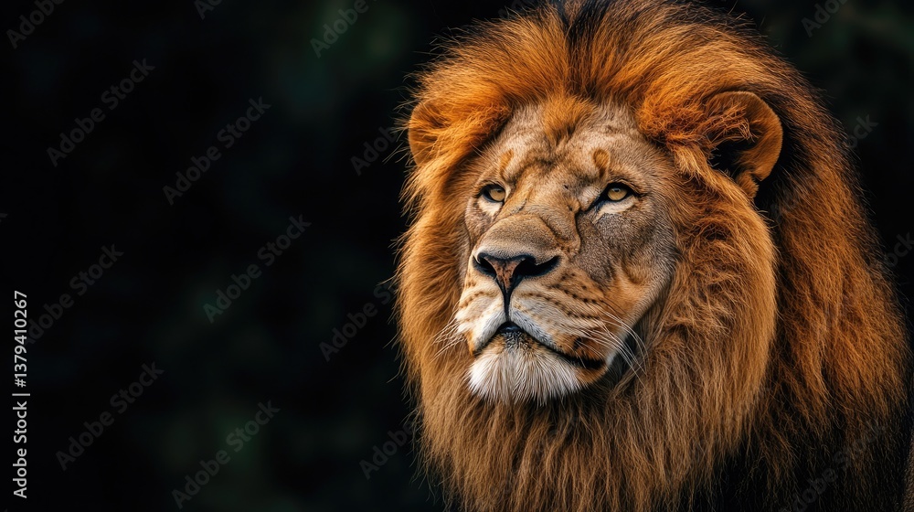 Fototapeta premium Majestic Lion Portrait Gaze with Powerful Presence Against Dark Background