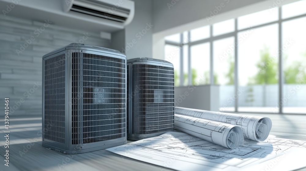 A set of HVAC manuals and blueprints placed next to an air conditioning system.