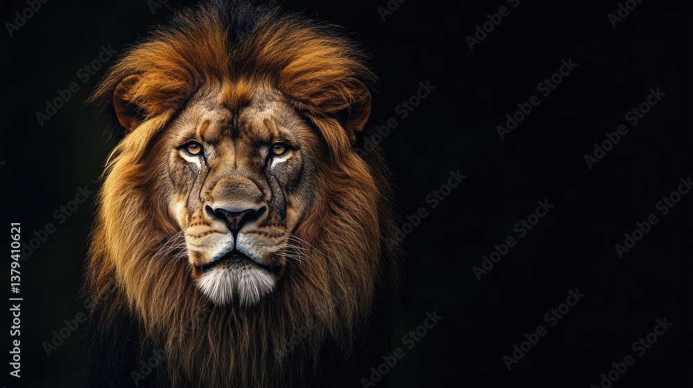 Majestic Lion Portrait with Intense Gaze Against a Dark Background Majestic Lion Portrait with Intense Gaze Against a Dark Background