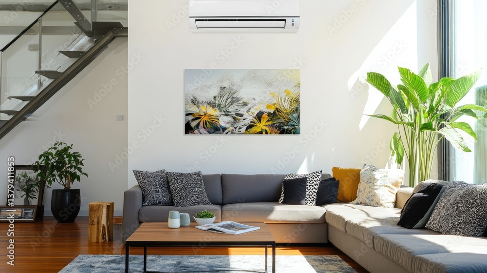 A sleek, energy-efficient wall-mounted air conditioner blending seamlessly into a stylish interior. A sleek, energy-efficient wall-mounted air conditioner blending seamlessly into a stylish interior.
