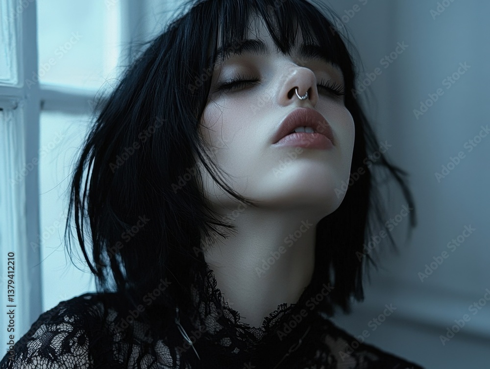 A close-up portrait of a woman with dark hair and a piercing, exuding a moody and artistic vibe in soft lighting. A close-up portrait of a woman with dark hair and a piercing, exuding a moody and artistic vibe in soft lighting.
