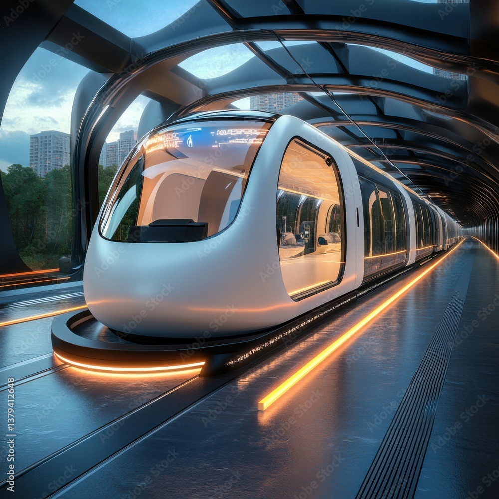 Fototapeta premium Futuristic Train Design in Modern Urban Environment at Sunset