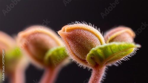 Close-up of delicate plant buds emerging with fine hairs against a dark background
