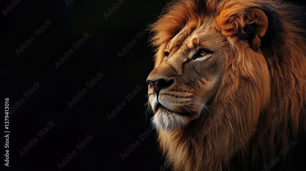 Fototapeta premium Majestic Lion Portrait Showing Power and Calmness Against a Dark Background