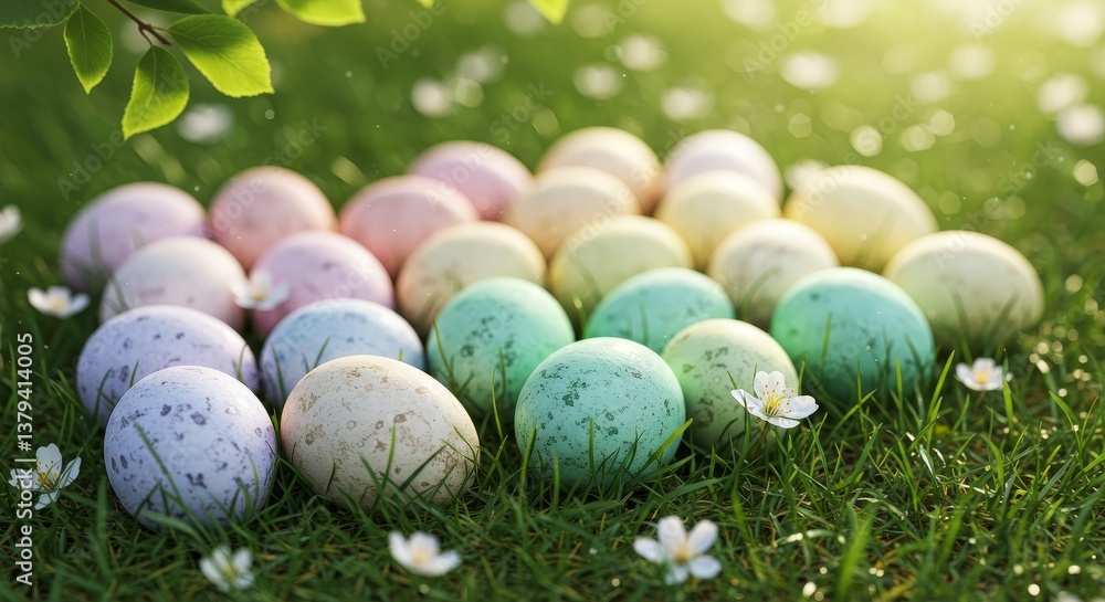 harmonious scattering of eggs painted with watercolor designs, resting among dewy grass and small white blossoms. Sunlight cascades gently through leafy branches above, adding depth and natural warm harmonious scattering of eggs painted with watercolor designs, resting among dewy grass and small white blossoms. Sunlight cascades gently through leafy branches above, adding depth and natural warm