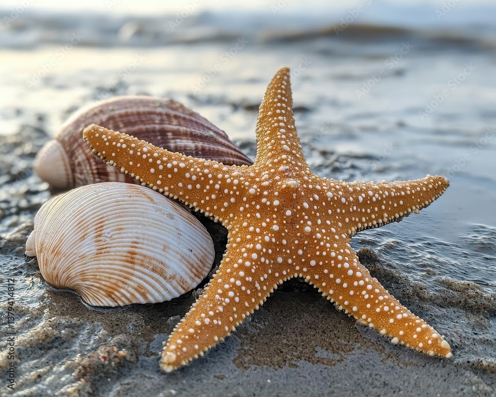 A closeup of seashells and starfish on the sand during a beach walk, Coastal Adventure, Natural and beautiful A closeup of seashells and starfish on the sand during a beach walk, Coastal Adventure, Natural and beautiful