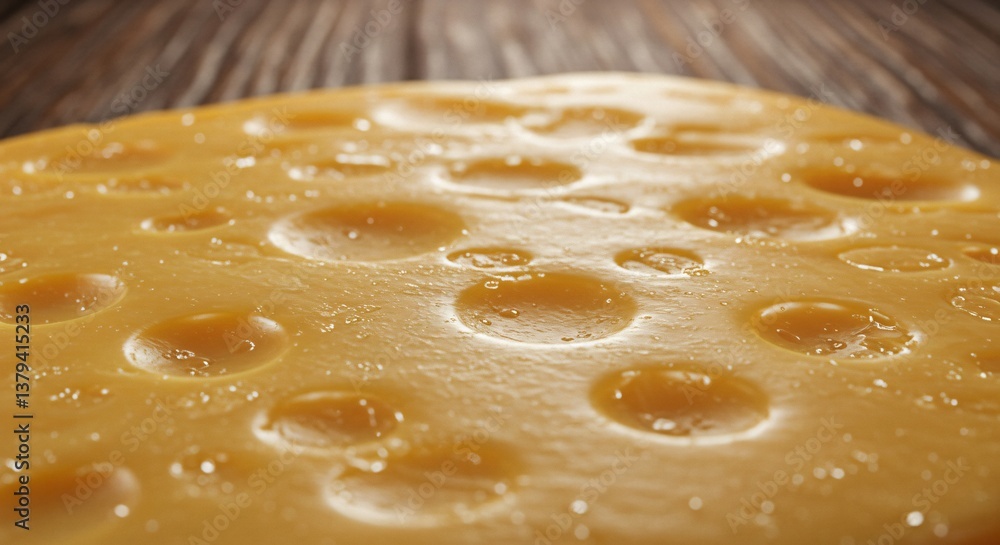 Close up of swiss cheese with holes on a wooden surface in a macro shot for food photography Close up of swiss cheese with holes on a wooden surface in a macro shot for food photography