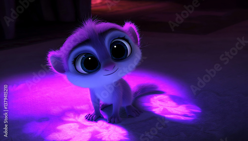 Cute cartoon animal with big eyes, purple light.
