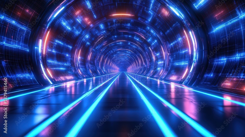 Futuristic Neon Tunnel with Digital Lines Futuristic Neon Tunnel with Digital Lines