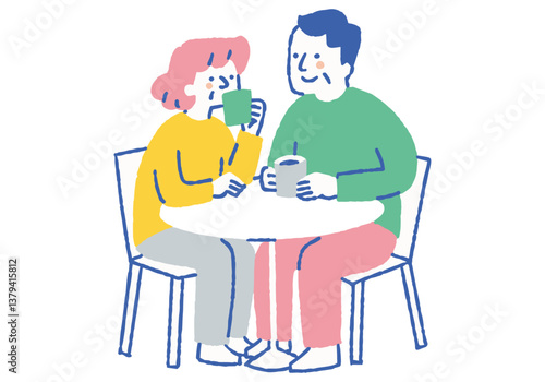 Elderly couple drinking coffee at cafe_Color