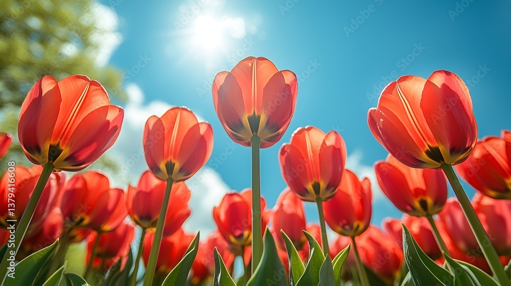 Fototapeta premium Sunny Red Tulips in Bloom