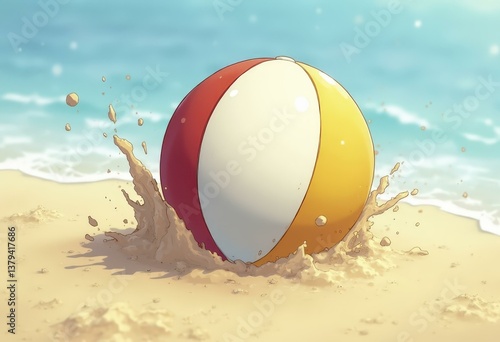 Anime Illustration of Beach Ball Splashing Into Sand with Water Droplets on Sunny Shoreline
