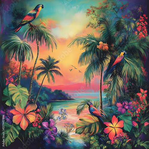 Vibrant tropical scene with parrots, palm trees, and colorful flowers at sunset.