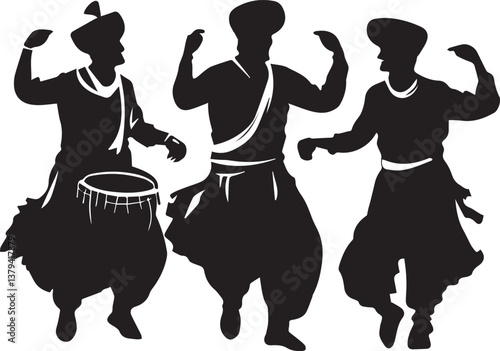 Silhouette of Sikh men performing Bhangra dance with dhol vector silhouette