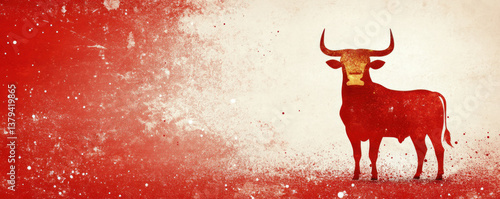 A bull is standing in a red field with white snow. The bull is looking at the camera