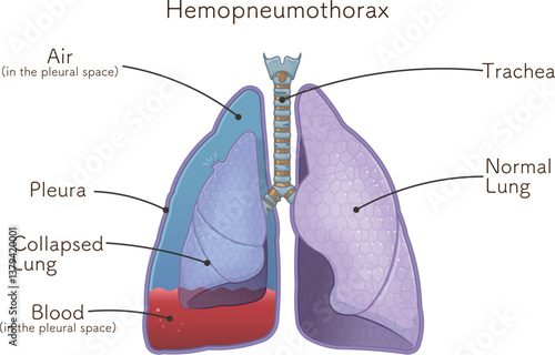 肺・気管・気胸・血胸・血気胸のイラスト lungs,windpipe,hemothorax,pneumothorax,hemopneumothorax,illustration
