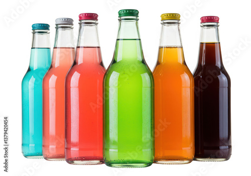Assorted colorful fruit soda bottles refreshing beverages on transparent
