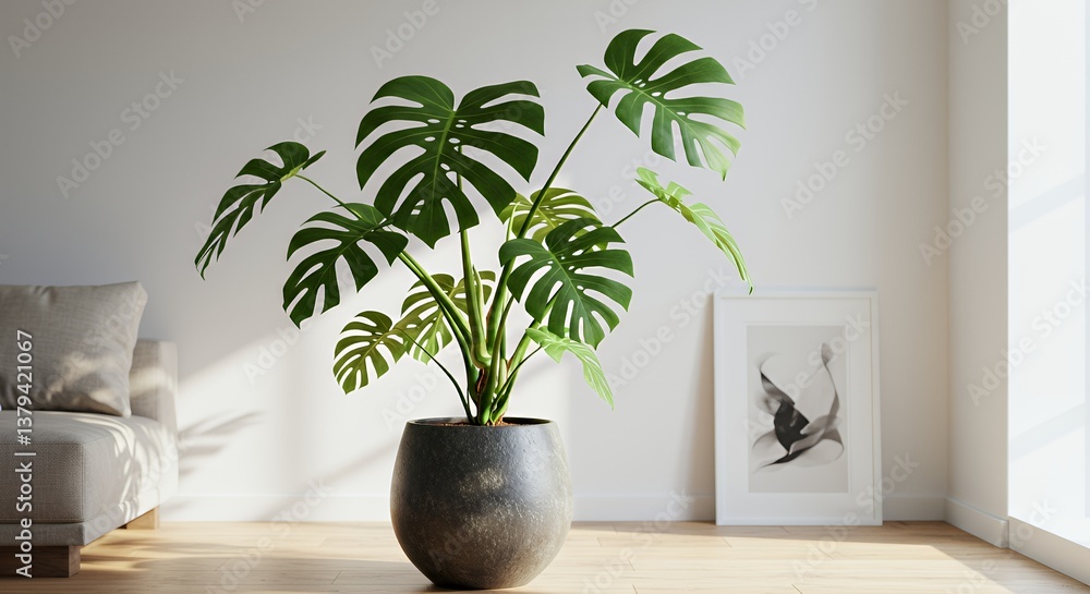 Fototapeta premium Vibrant Monstera Deliciosa in Dark Grey Ceramic Pot in Minimalist Setting