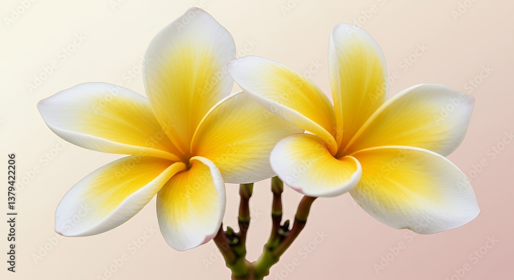 Obraz premium Two Radiant Yellow And White Plumeria Flowers Isolated On Soft Gradient Background
