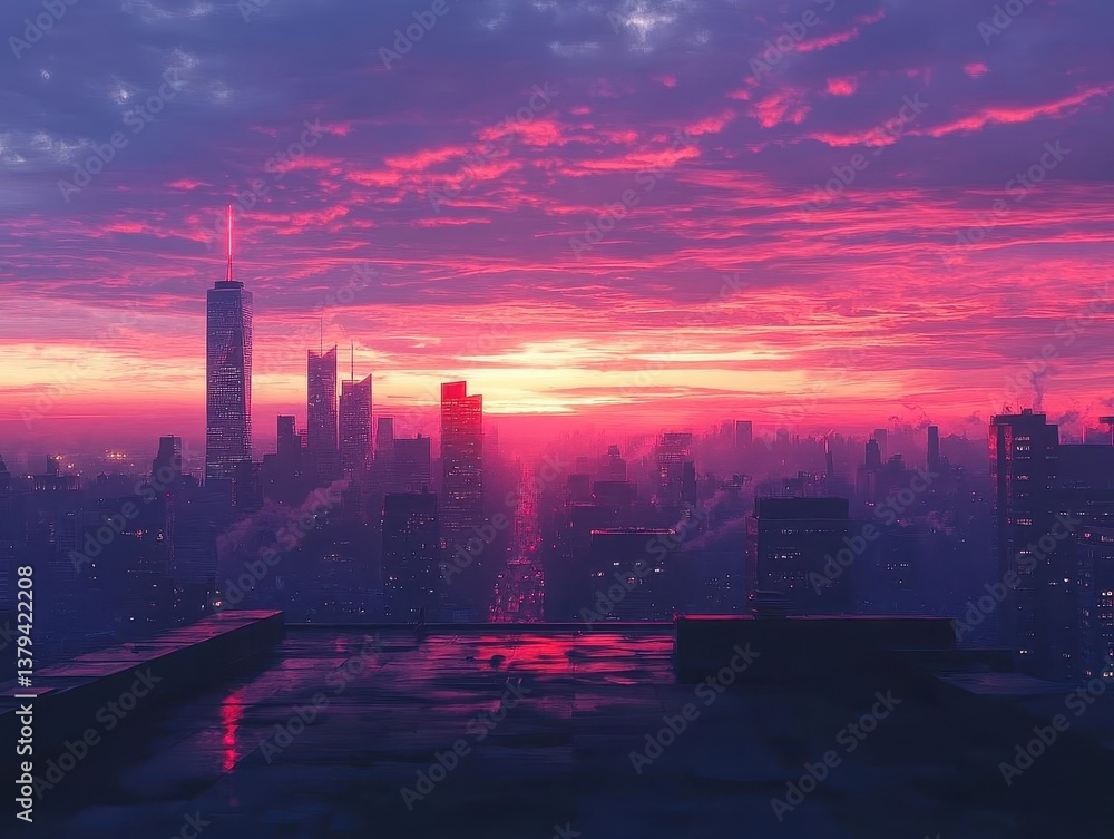 Fototapeta premium A rooftop view of a city at sunrise, with the skyline silhouetted against the sky, Cityscape, Calm and inspiring