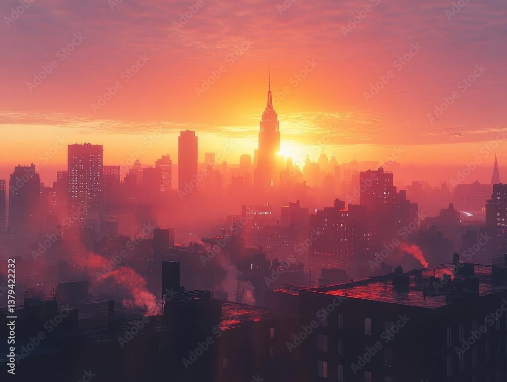 Fototapeta premium A rooftop view of a city at sunrise, with the skyline silhouetted against the sky, Cityscape, Calm and inspiring